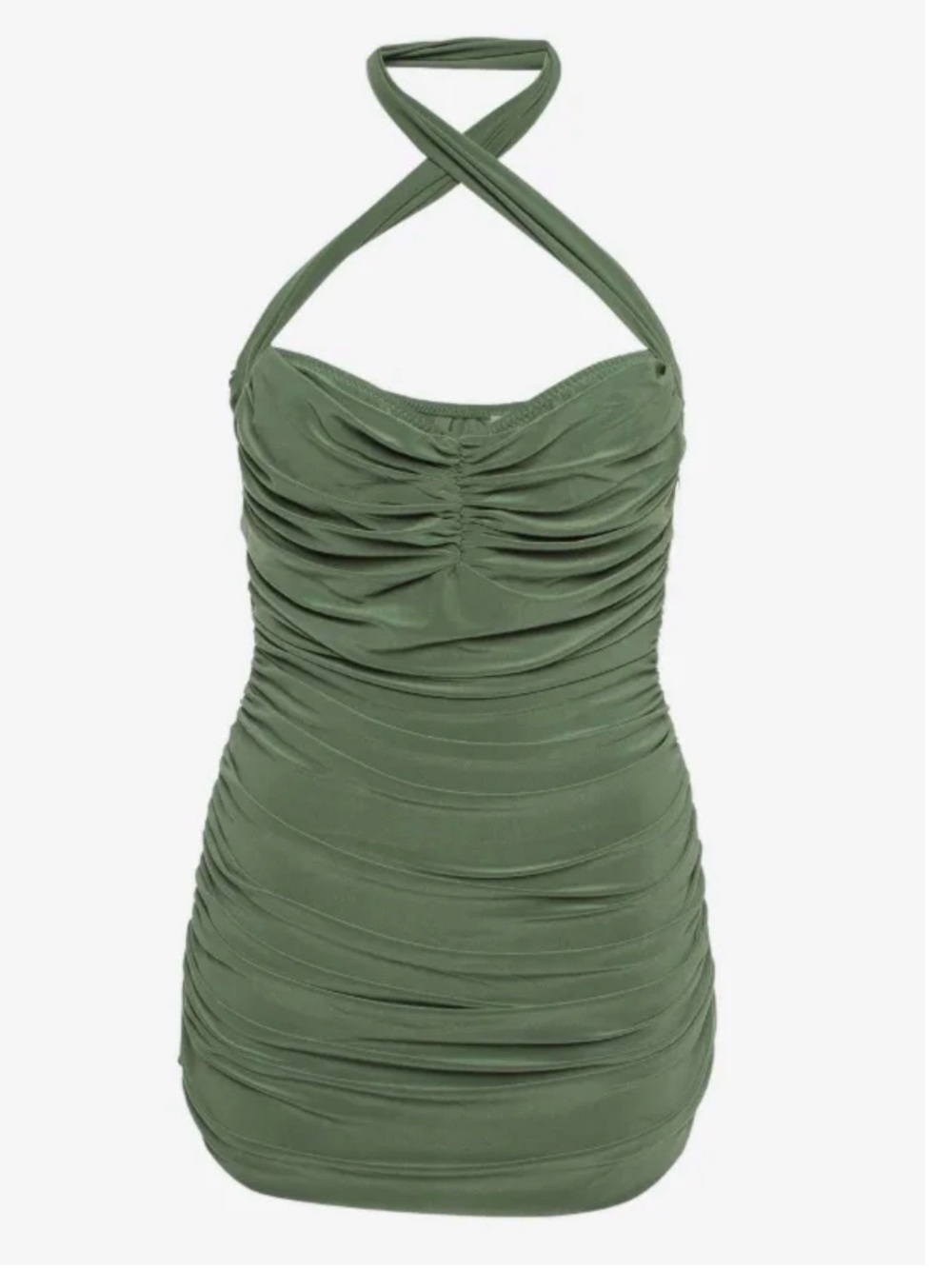 NWT Norma Kamali Olive Green Ruched Halter One-Piece Swimsuit